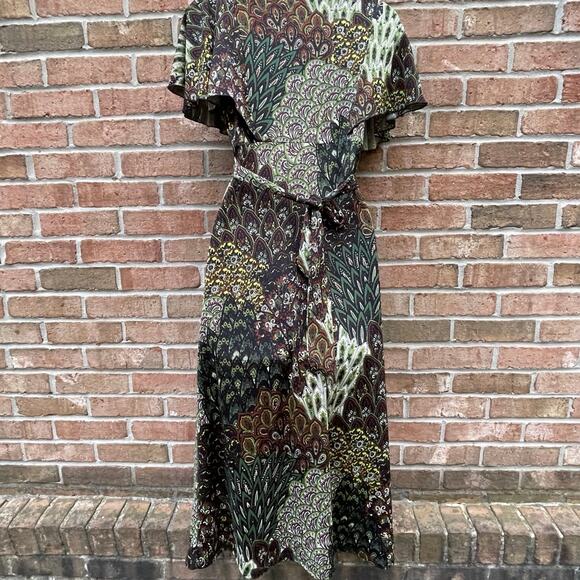 Vtg 00s Y2K Peacock babydoll Festival Flutter Sleeve Paisley Maxi Flowy Dress M - Picture 5 of 9